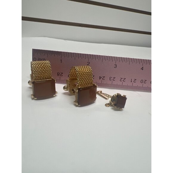 Swank Vintage 60's Tigers Eye Gold Mesh Cufflinks & Tie Pin Original Boz - Picture 5 of 5